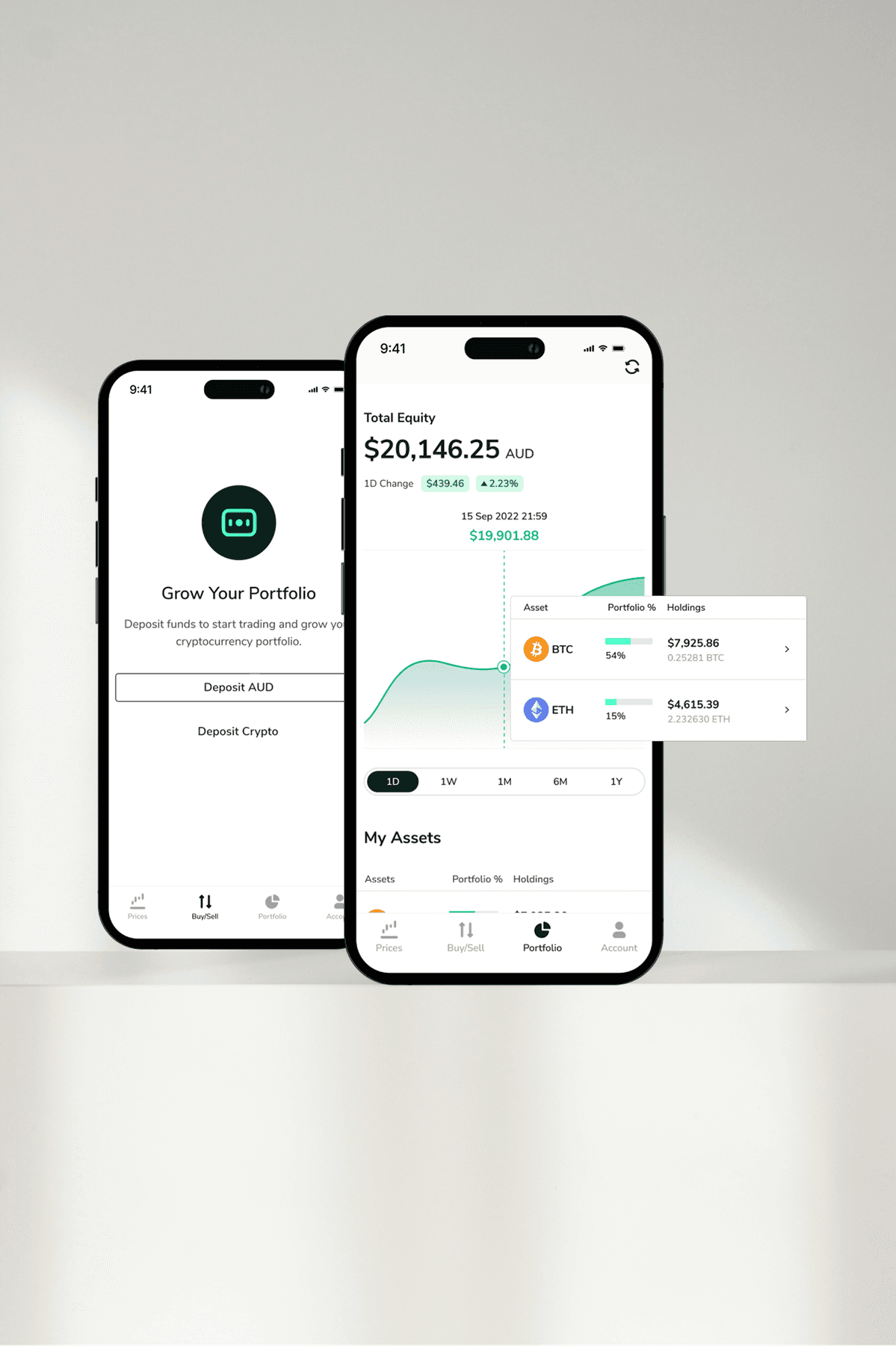 BTC Markets trading app shown on two phones