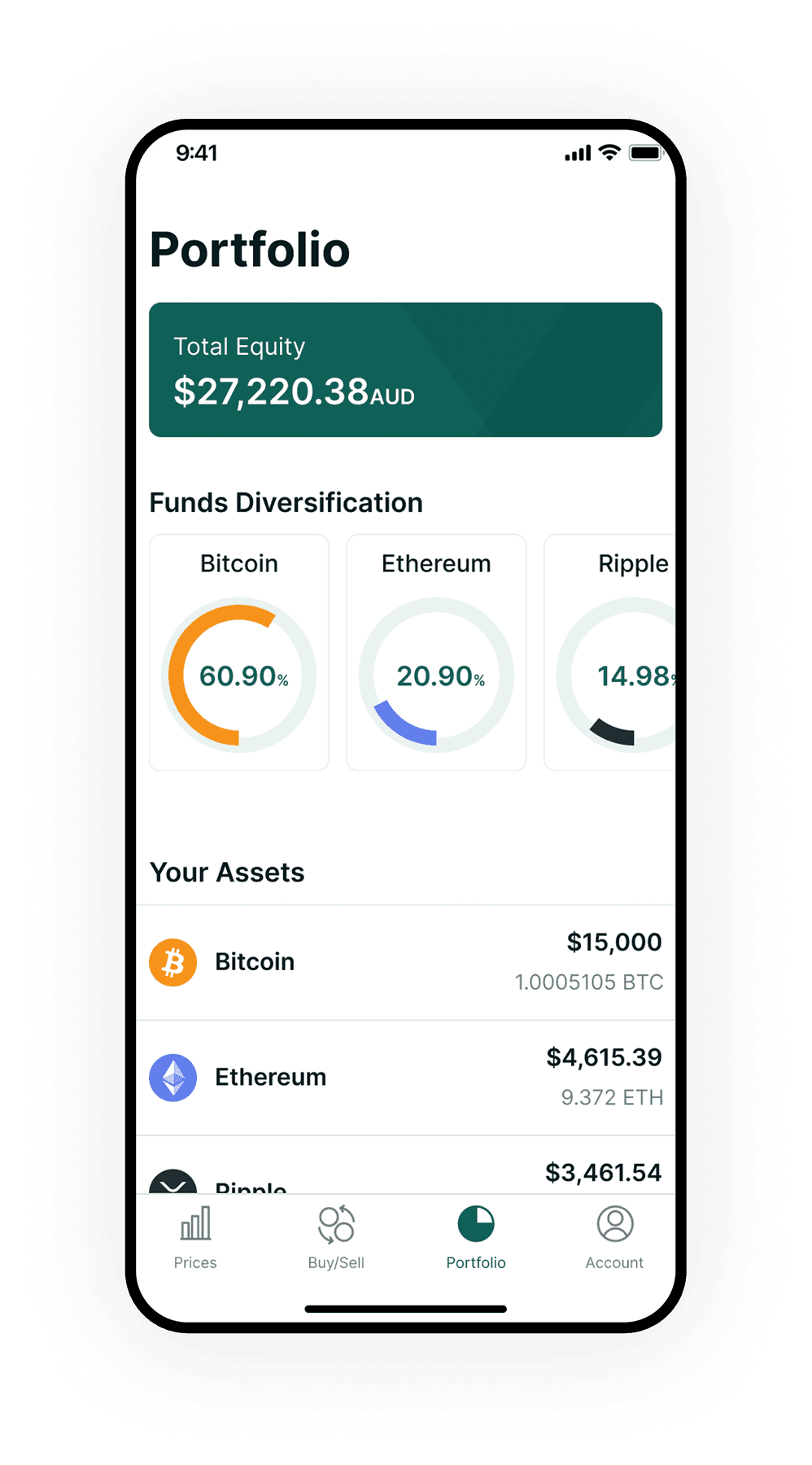 BTC Markets Portfolio screen with total equity, diversification charts and asset holdings