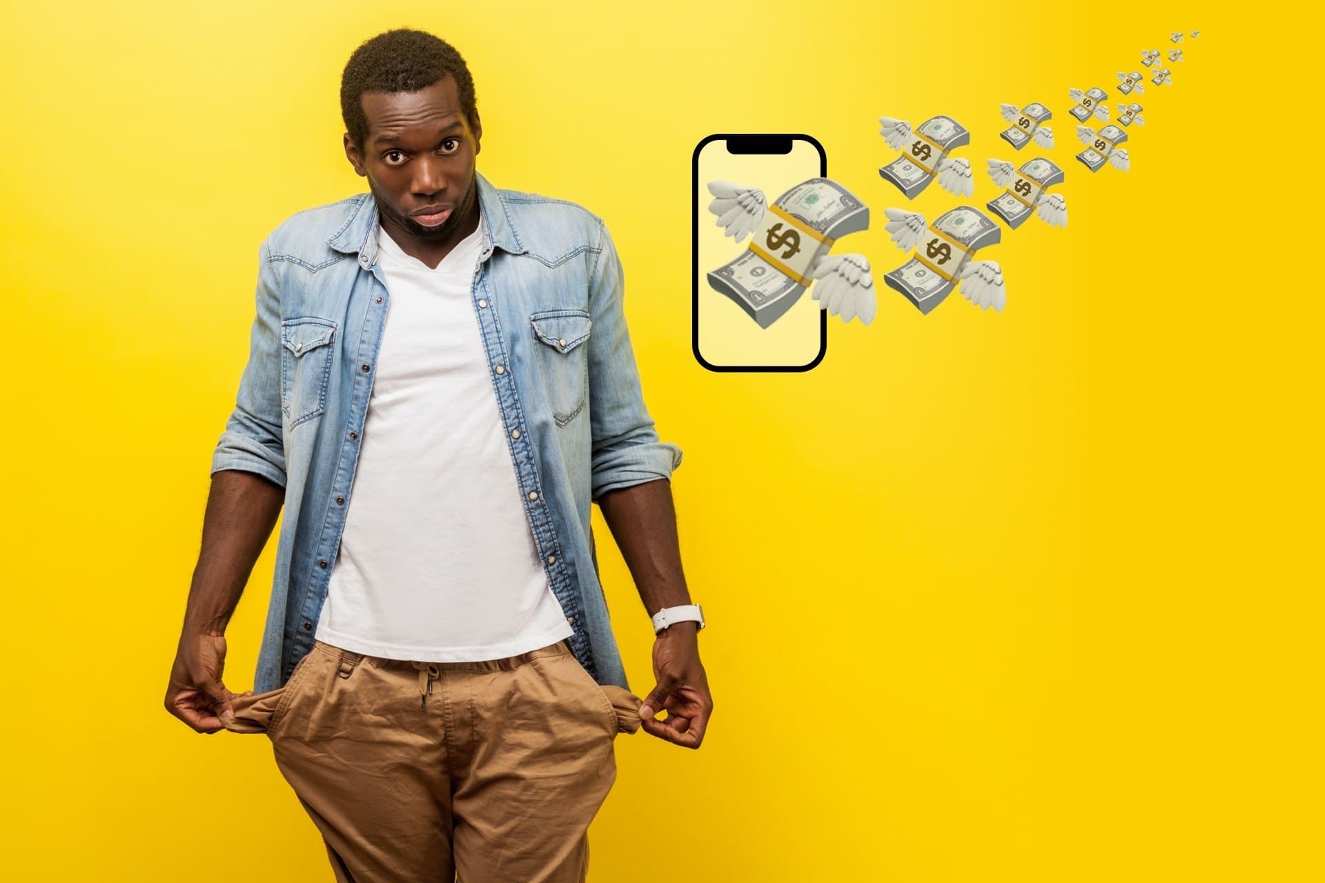 A person with empty pockets beside an illustration of money flying out of a smartphone