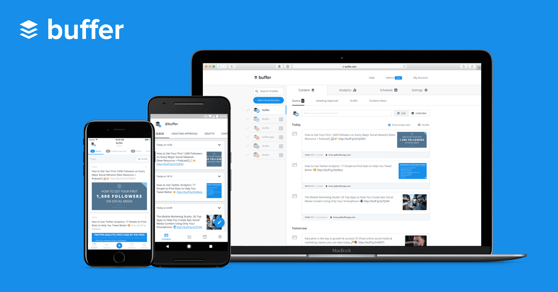 Buffer app shown on a laptop and two smartphones
