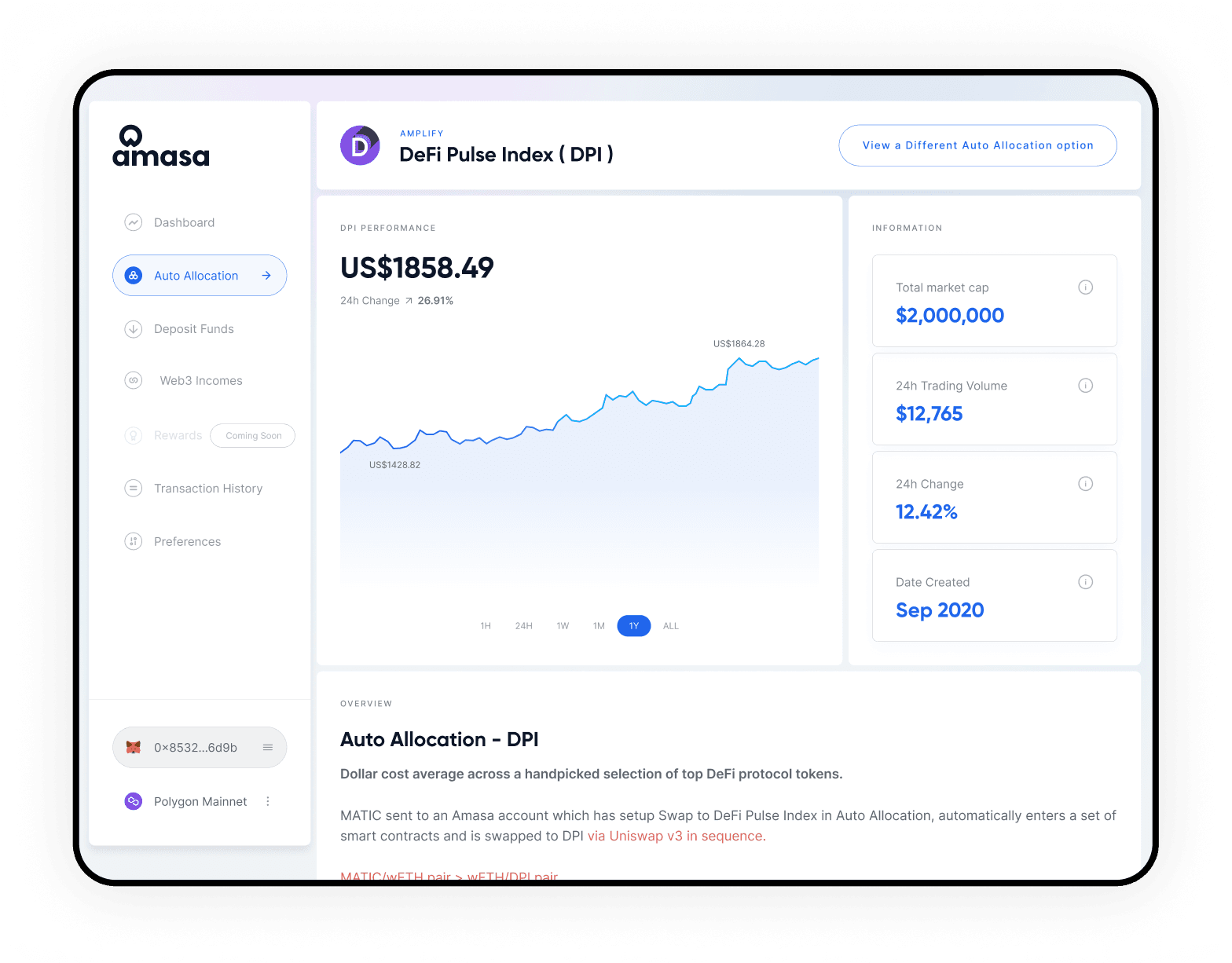 Amasa Auto Allocation screen for DeFi Pulse Index with performance chart and market stats