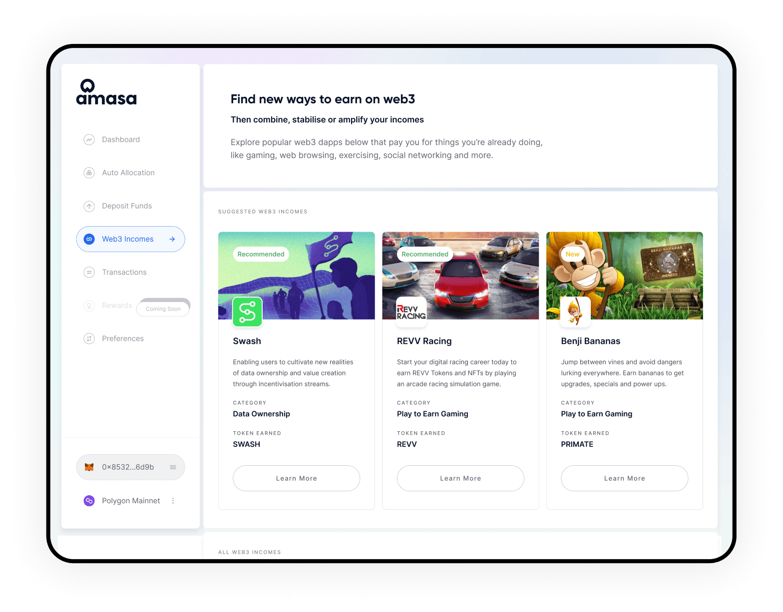 Amasa Web3 Incomes screen suggesting Swash, REVV Racing and Benji Bananas