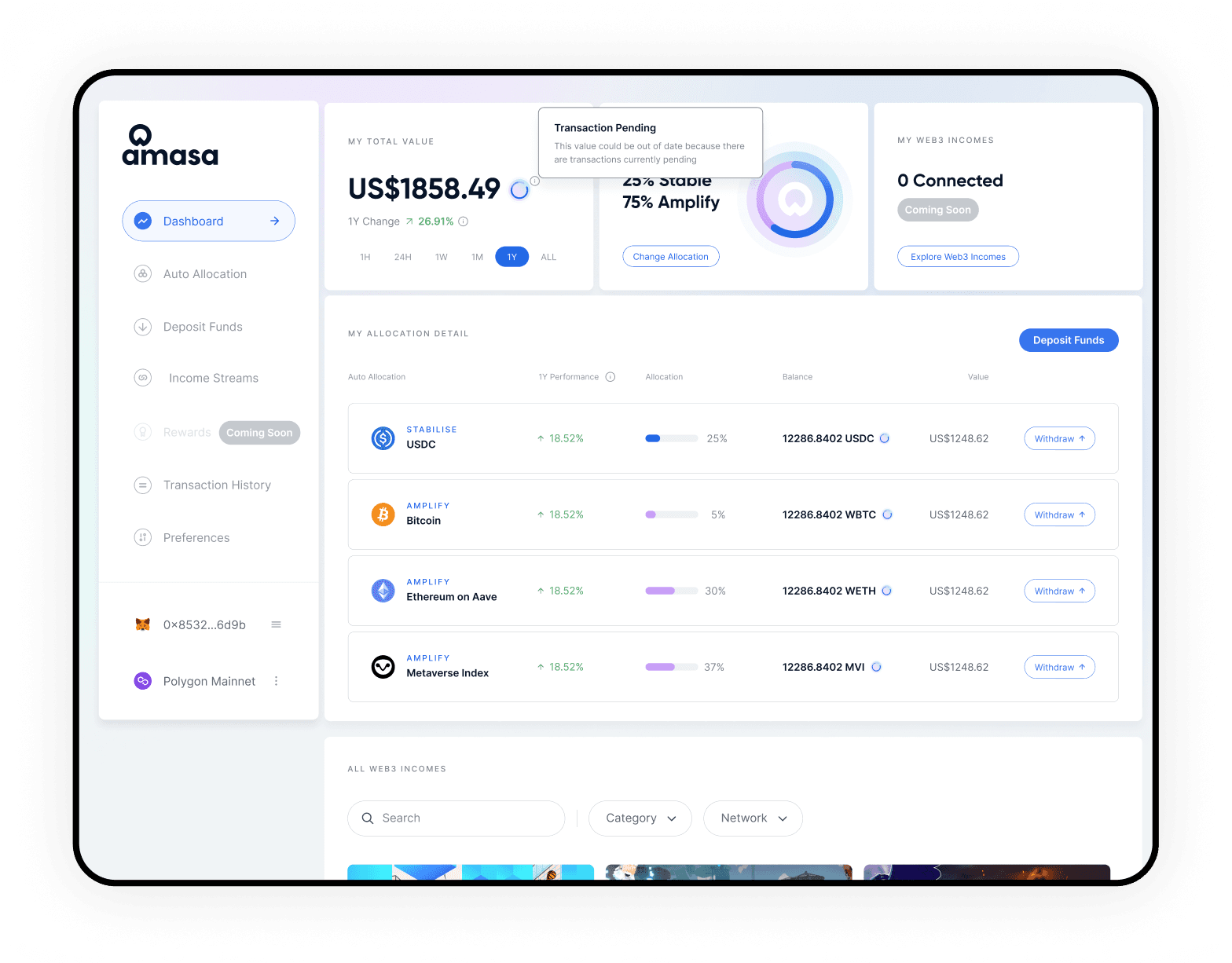Amasa dashboard with total value, allocation mix and portfolio asset detail on Polygon