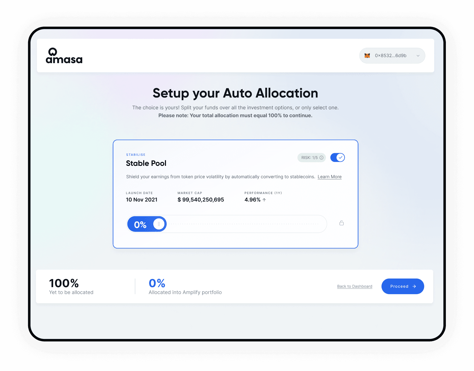 Amasa setup Auto Allocation screen with Stable Pool option and allocation slider