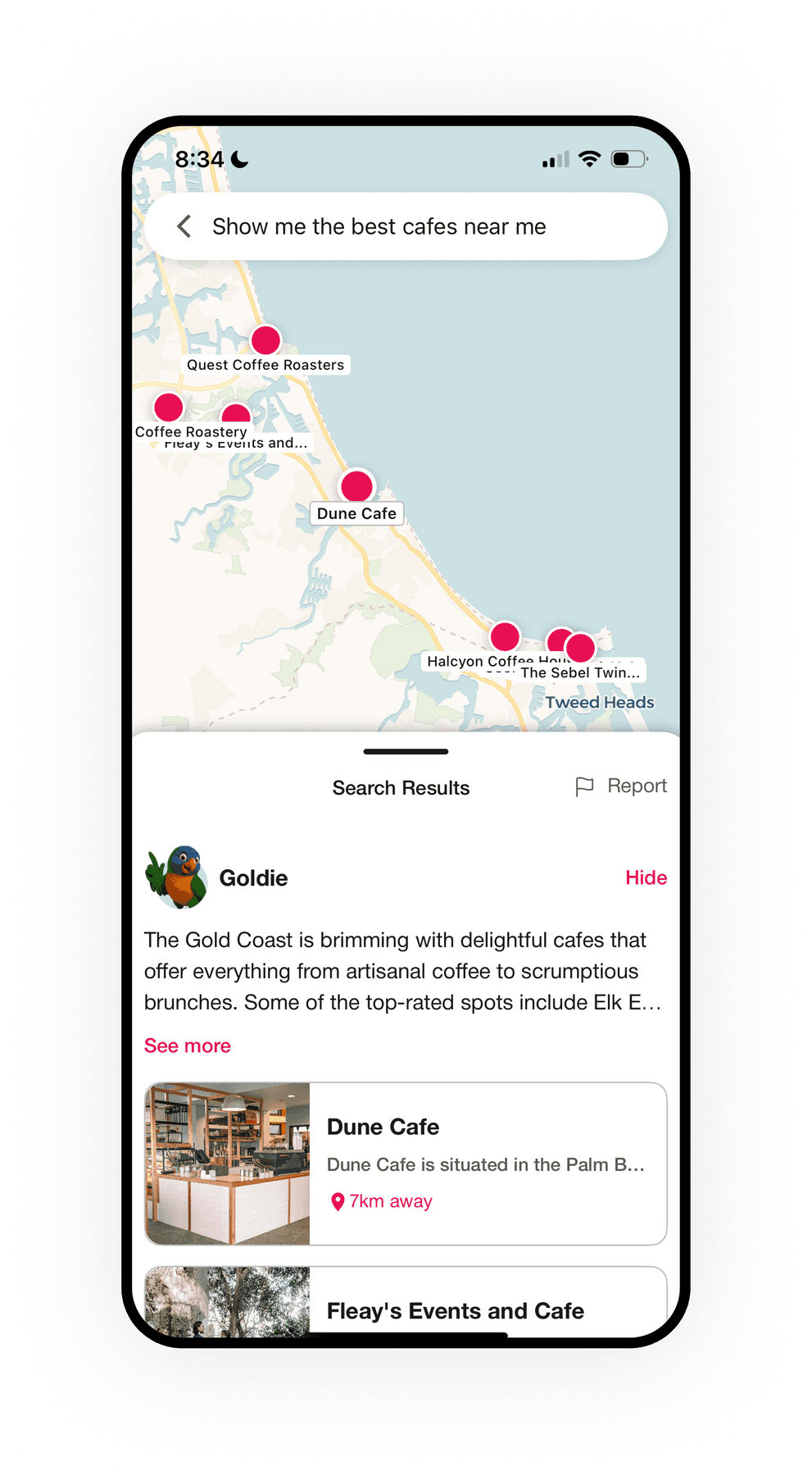 Experience Gold Coast Goldie AI cafe search on map