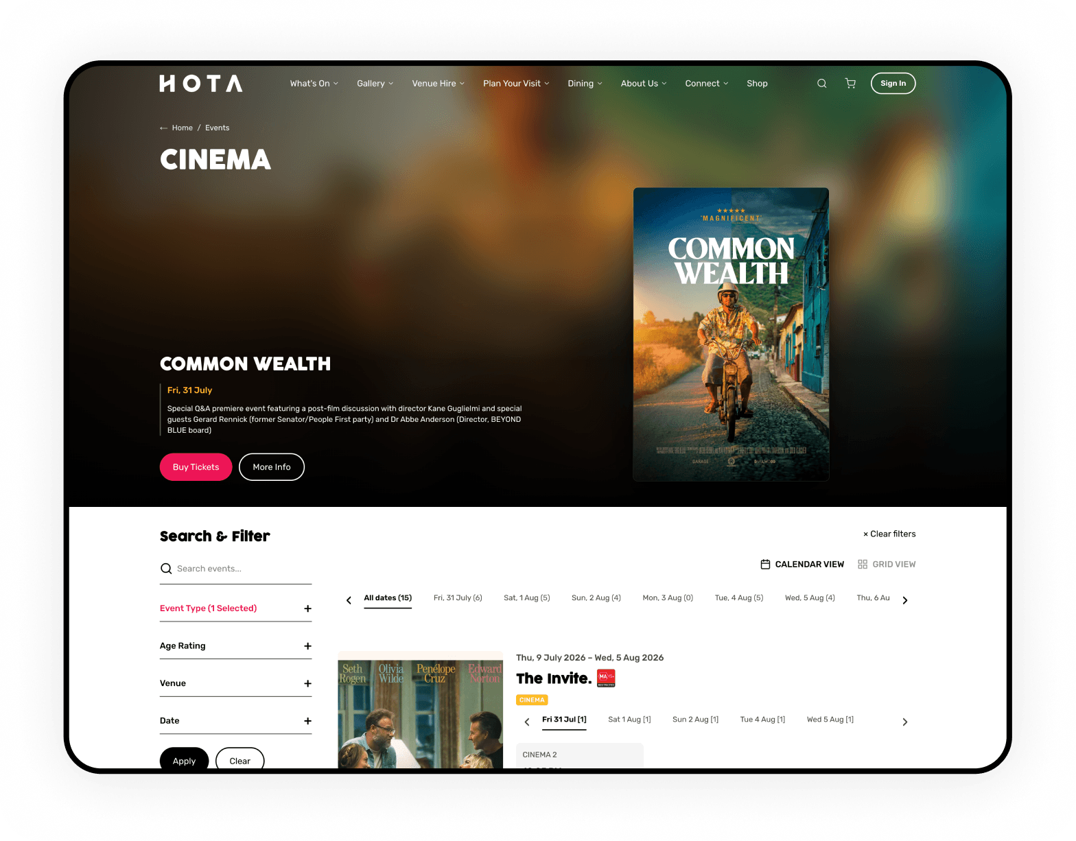 HOTA Cinema page with featured film and listings