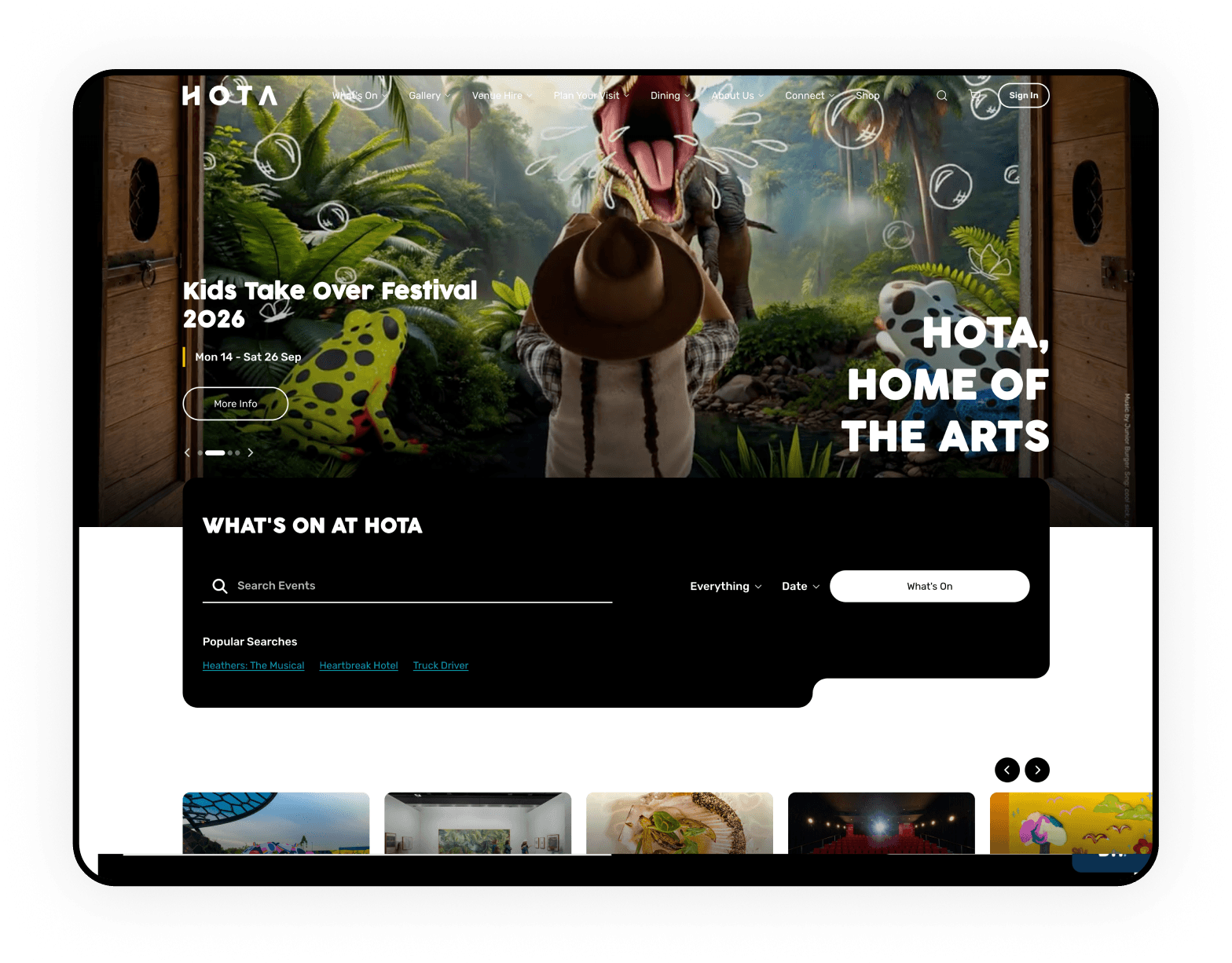 HOTA homepage with festival hero and What's On search