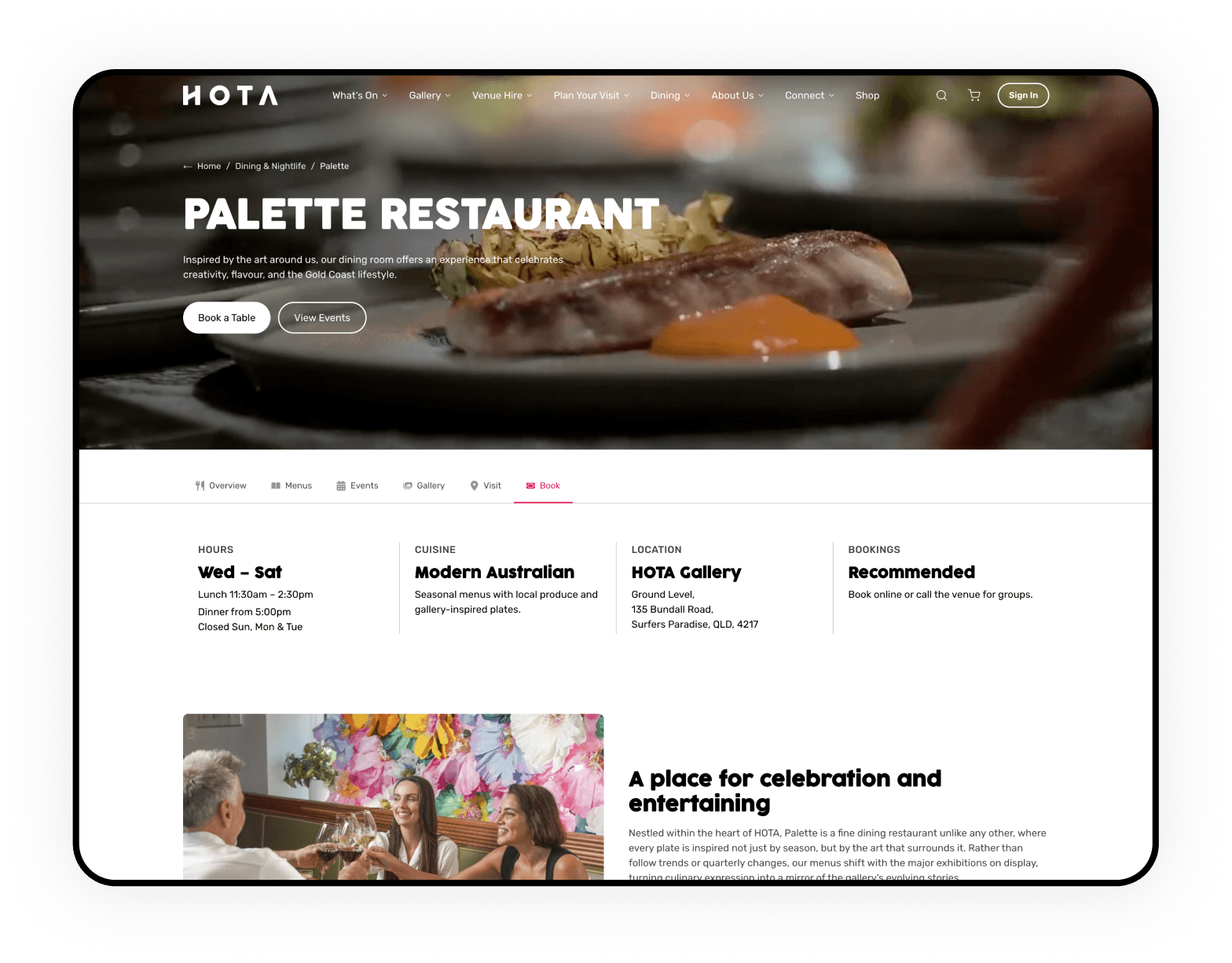 HOTA Palette Restaurant dining page