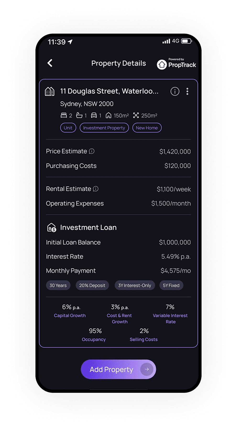 ScaleApp property details with PropTrack estimates
