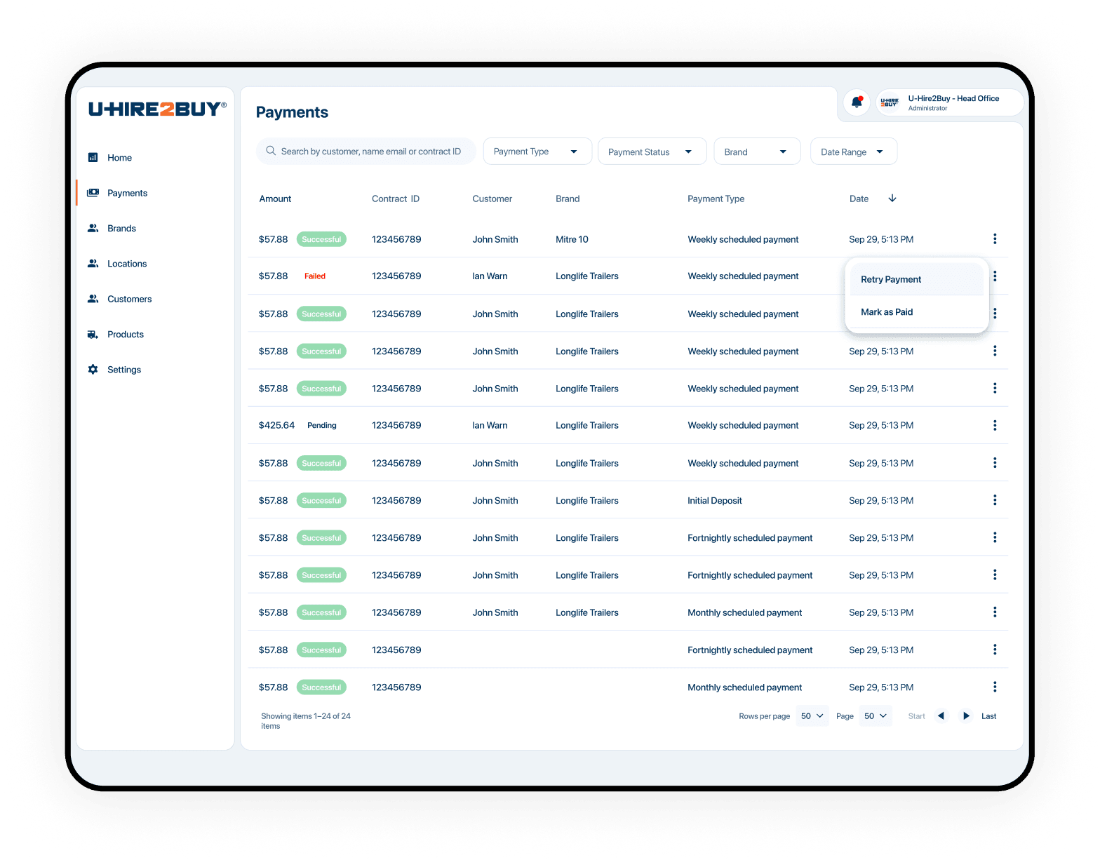 U-Hire2Buy payments table with scheduled payment statuses and retry actions