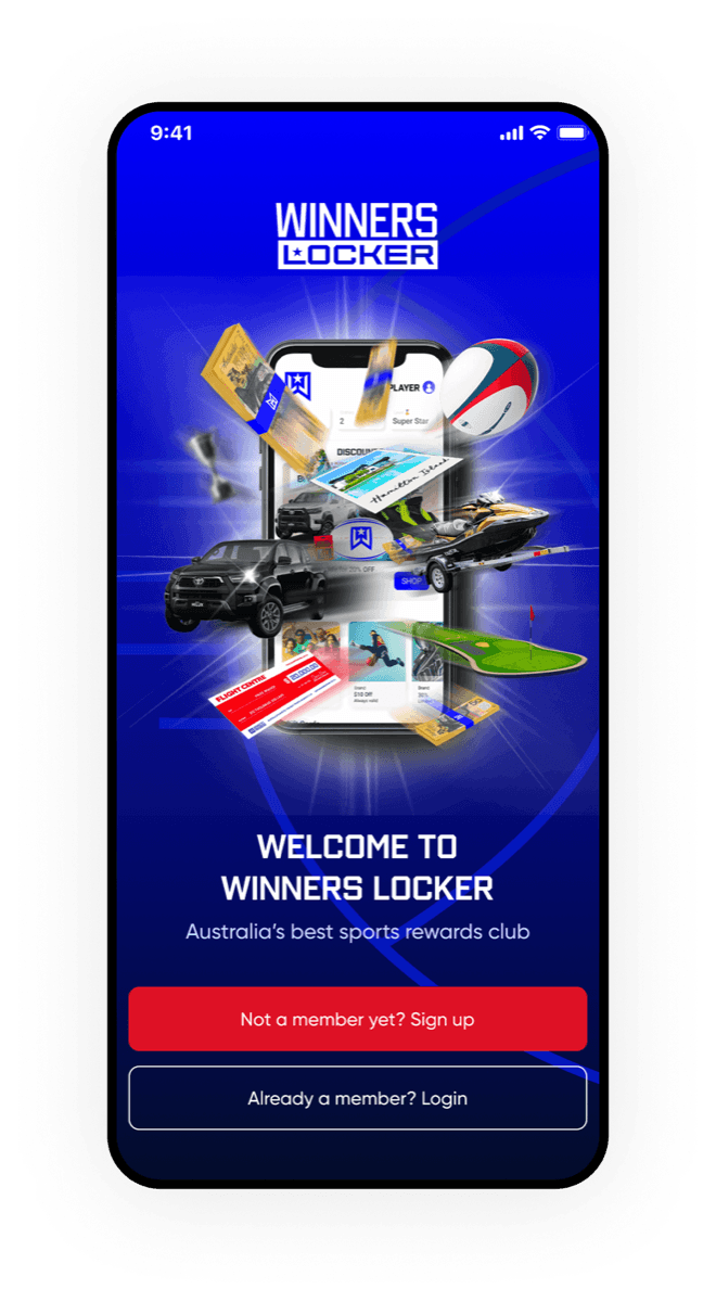 Winners Locker welcome screen with sign up and login actions