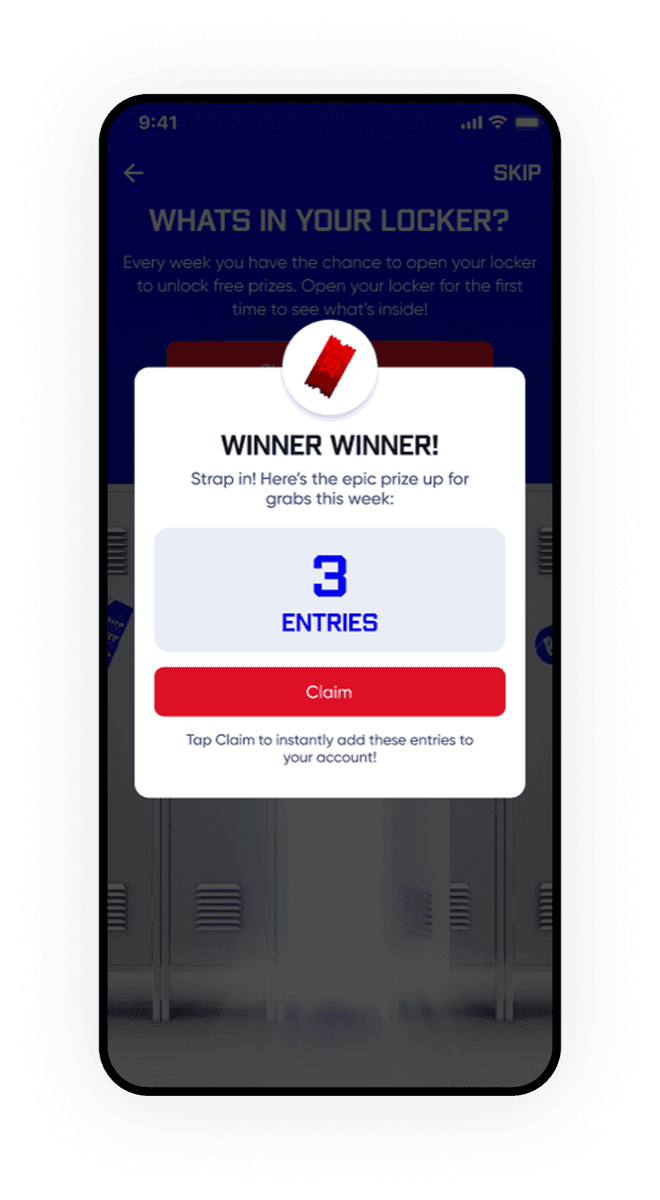 Winners Locker weekly prize claim modal with bonus entries
