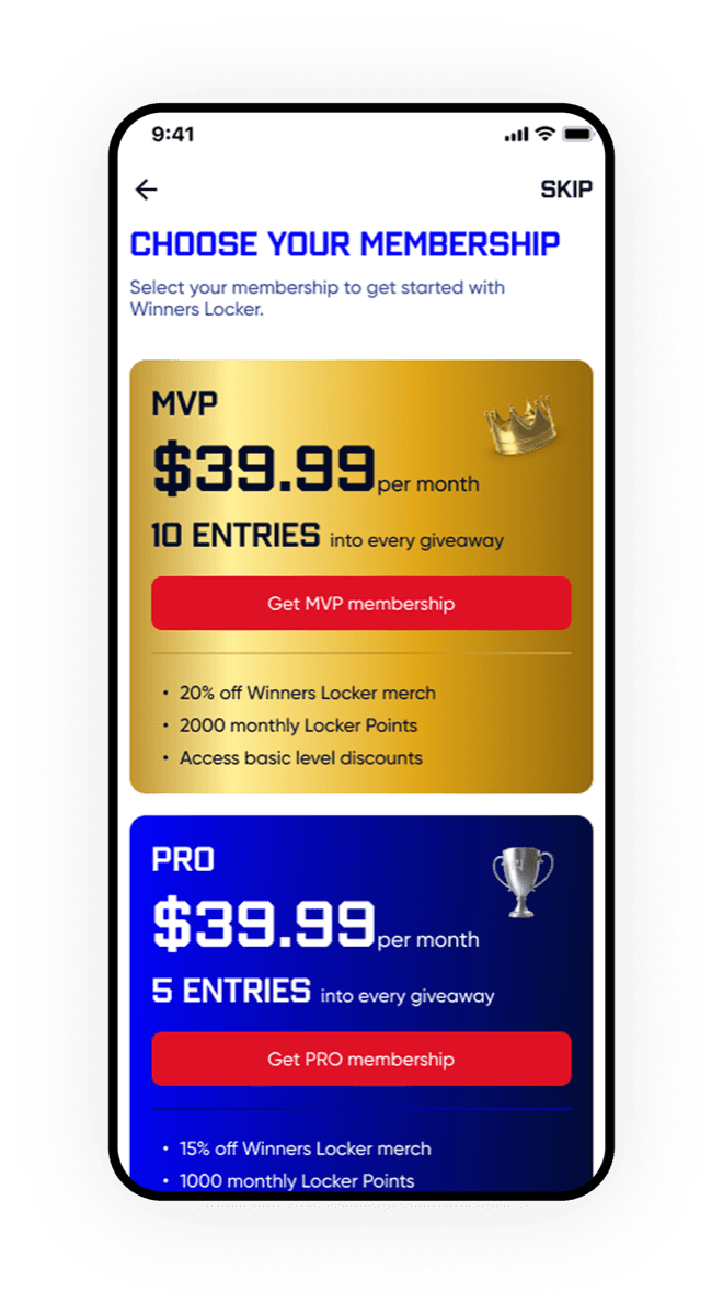 Winners Locker membership selection showing MVP and Pro tiers