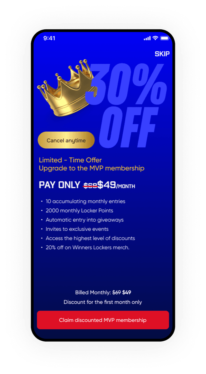 Winners Locker MVP membership upgrade offer with discounted pricing