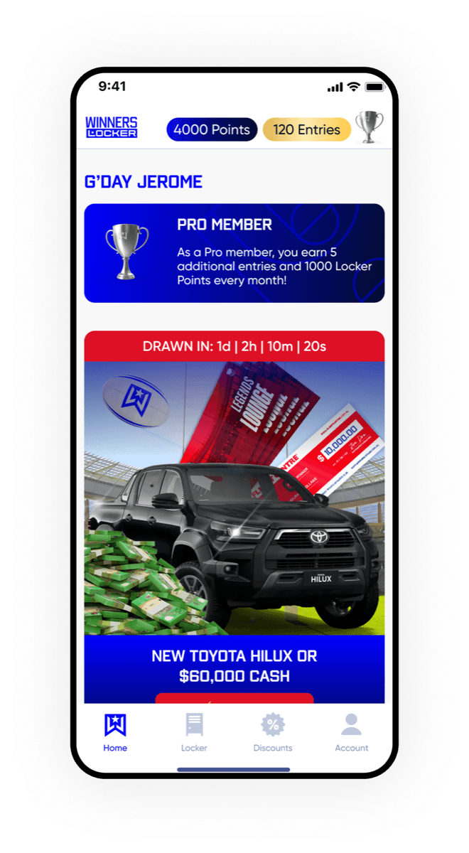 Winners Locker member home with points, entries and featured giveaway