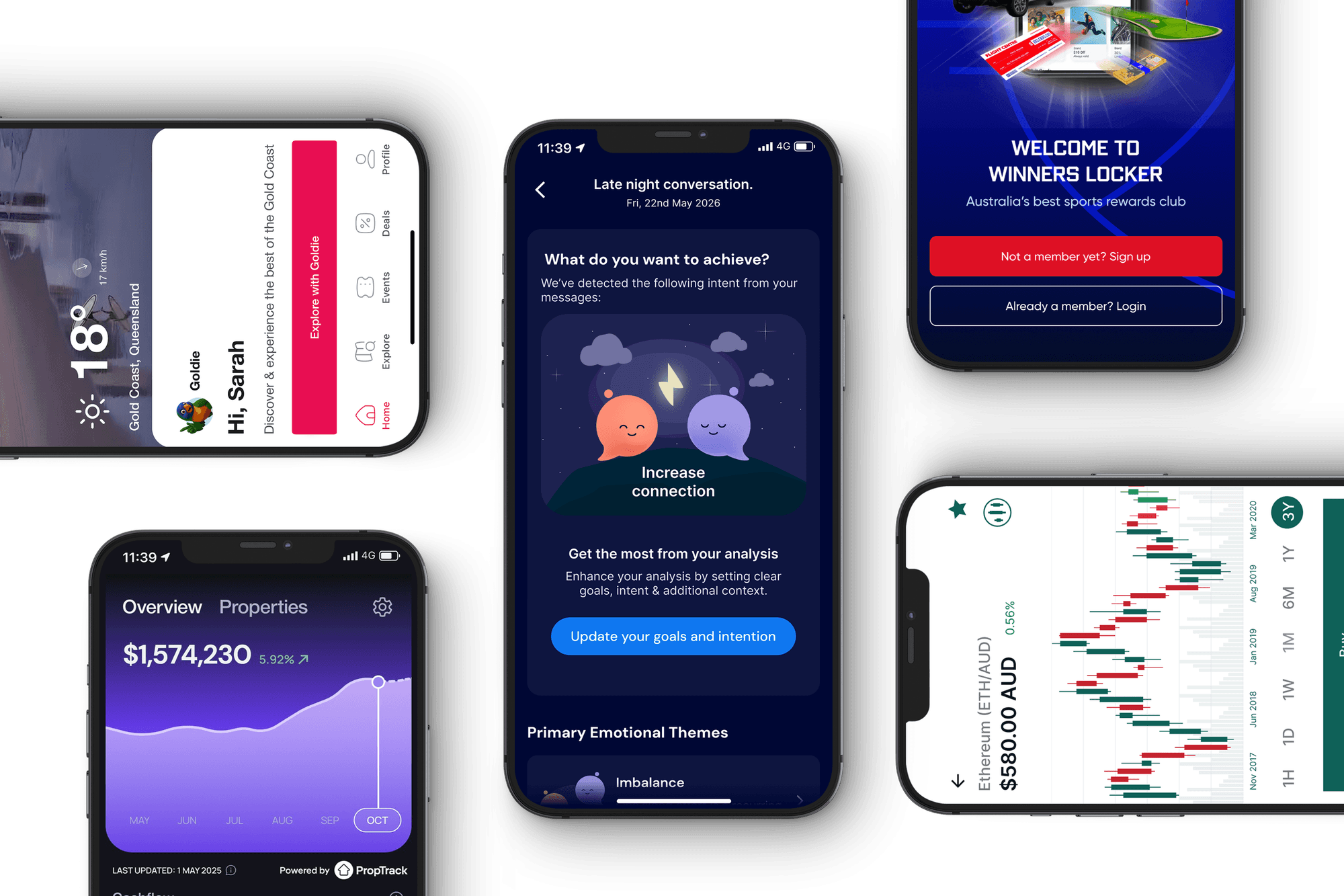 Collage of Spritely mobile app screens across travel, social, sports, finance and trading