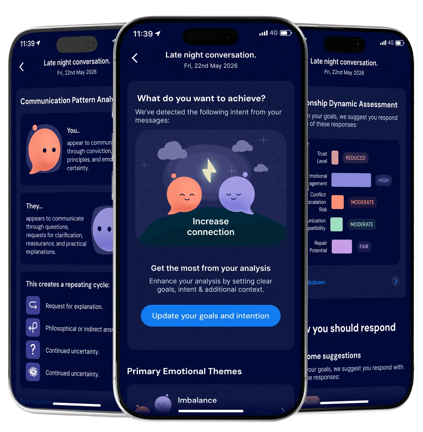 Three phones showing a mobile app for late-night conversation analysis